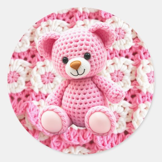 Pink Crocheted Teddy Bear It's a Girl Runder Aufkleber (Vorderseite)