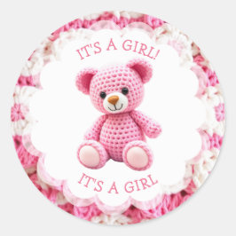 Pink Crocheted Teddy Bear It's a Girl Runder Aufkleber