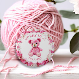Pink Crocheted Teddy Bear | Mom to Be Button