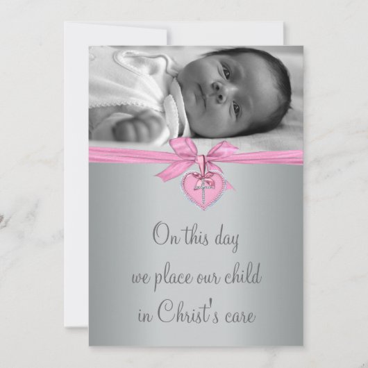 Pink Cross Baby Girl Foto Christening Einladung (Vorderseite)