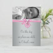 Pink Cross Baby Girl Foto Christening Einladung (Stehend Vorderseite)