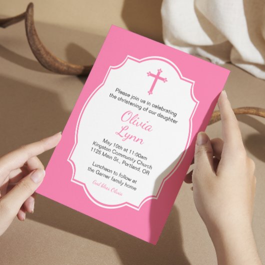Pink Cross Baby Girl Taufe Christening Einladung