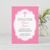 Pink Cross Baby Girl Taufe Christening Einladung (Stehend Vorderseite)