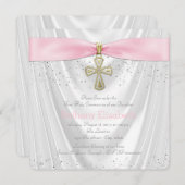 Pink Cross First Communion White Satin Einladung (Vorne/Hinten)