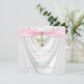 Pink Cross First Communion White Satin Einladung (Stehend Vorderseite)