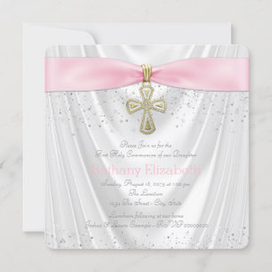 Pink Cross First Communion White Satin Einladung