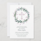Pink Cross Sage Leaf Wreath Erste Kommune Einladung (Vorderseite)