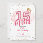 Pink Crown Ballon Fünfzehn Geburtstag Einladung (Vorderseite)