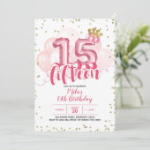 Pink Crown Ballon Fünfzehn Geburtstag Einladung (Stehend Vorderseite)