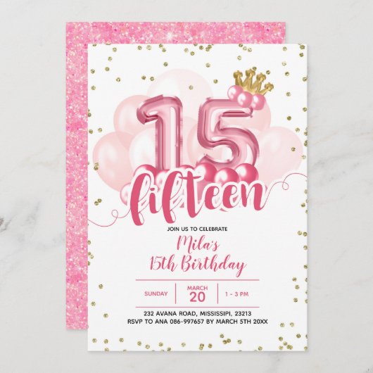 Pink Crown Ballon Fünfzehn Geburtstag Einladung (Vorne/Hinten)