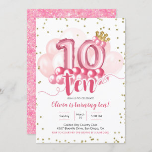 Pink Crown Ballon Zehnte Geburtstagsfeier Einladun Einladung