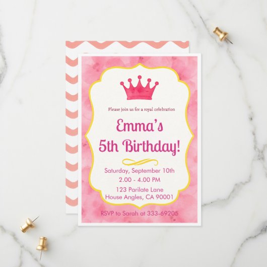 Pink Crown Birthday Einladung | Zazzlemade Magie (Vorderseite/Rückseite Beispiel)