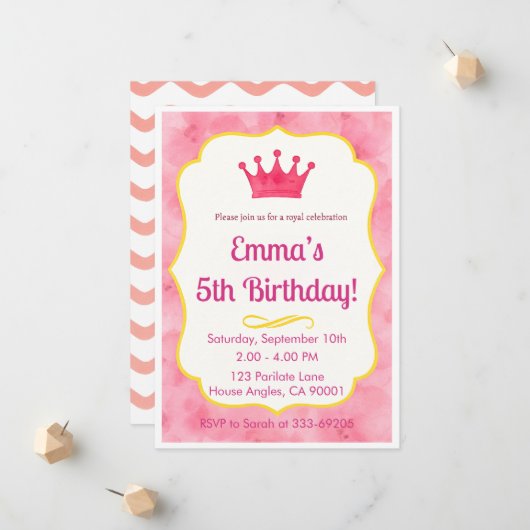 Pink Crown Birthday Einladung | Zazzlemade Magie (Vorderseite/Rückseite Beispiel)