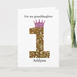 Pink Crown Gold Glitter 1. Geburtstag Enkelin Karte