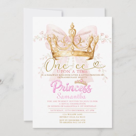 PINK CROWN Princess One-ce Upon a Time Invitation Einladung (Vorderseite)