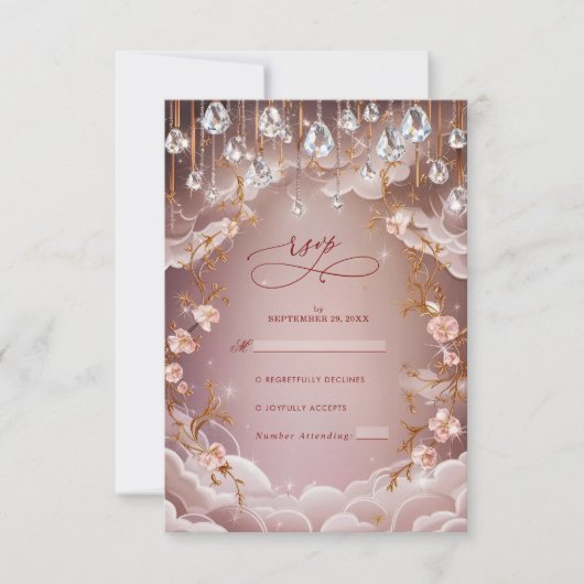 Pink Crystal Drops Opulent Floral Wedding RSVP Karte (Vorderseite)