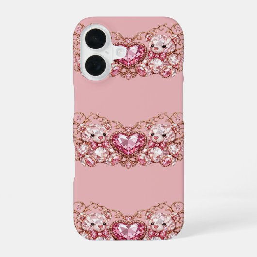 Pink Crystal Teddy Bears with Gem Heart iPhone 16 Hülle (Rückseite)