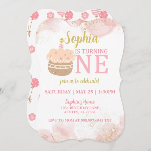 Pink Cupcake 1. Geburtstag Einladung (Vorne/Hinten)