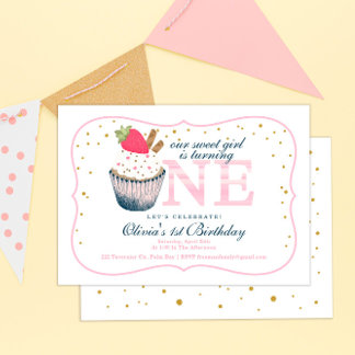 Pink Cupcake 1st Birthday Einladung - Sweet Girl