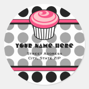 Pink Cupcake Address Label - Black Polka Dot Runder Aufkleber
