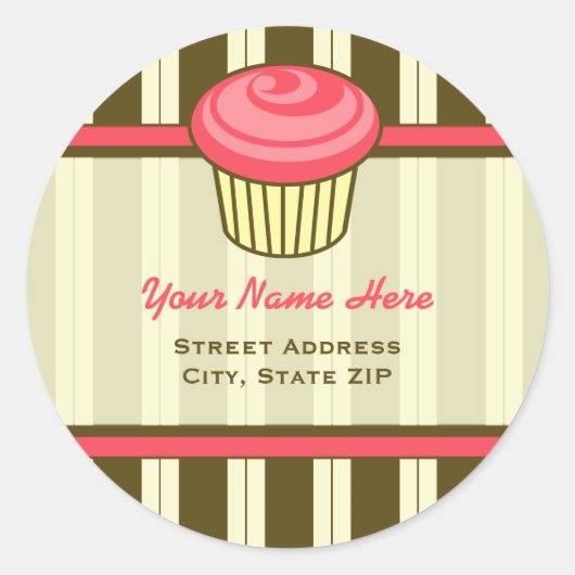 Pink Cupcake Address Label - Braun Streifen Runder Aufkleber (Vorderseite)