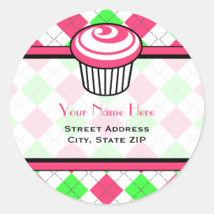 Pink Cupcake Address Label - Pink & Green Raute Runder Aufkleber