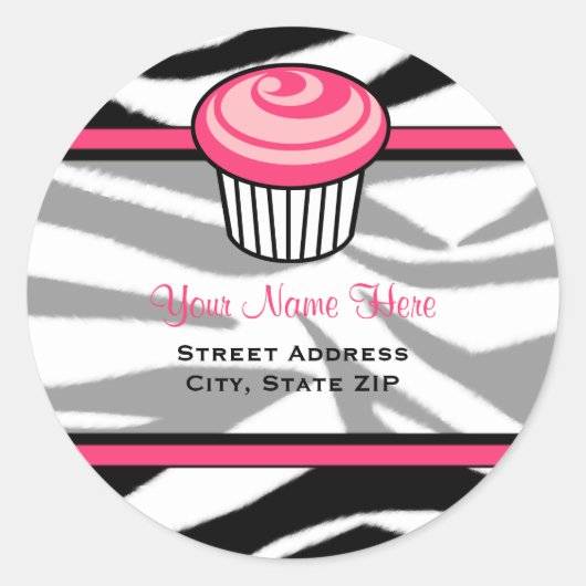 Pink Cupcake Address Label - Schwarze Zebra Print Runder Aufkleber (Vorderseite)