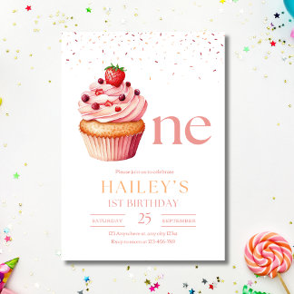 Pink Cupcake Birthday Einladung Mädchen 1. Geburts