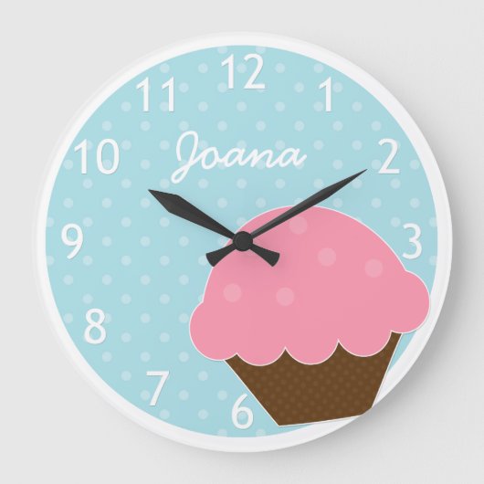 Pink Cupcake Blue Polka Dot Personalisierter Name Große Wanduhr (Vorderseite)