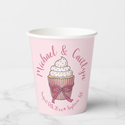 Pink Cupcake Bow Sprinkles Wedding Brautparty Pappbecher (Vorderseite)