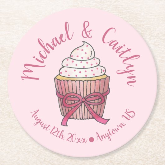 Pink Cupcake Bow Sprinkles Wedding Brautparty Runder Pappuntersetzer (Vorderseite)