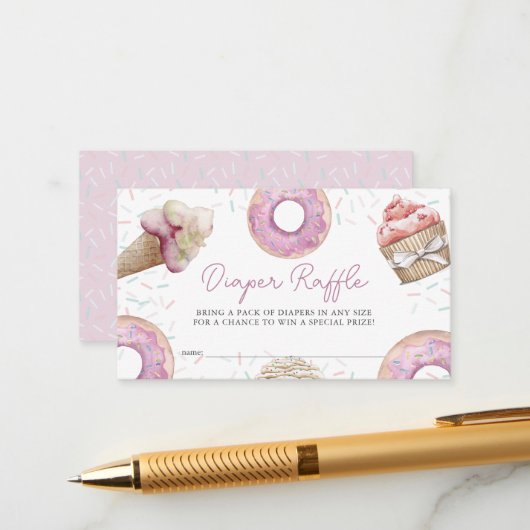 Pink Cupcake & Donut Baby Diaper Raffel Ticket Begleitkarte (Vorderseite/Rückseite Beispiel)