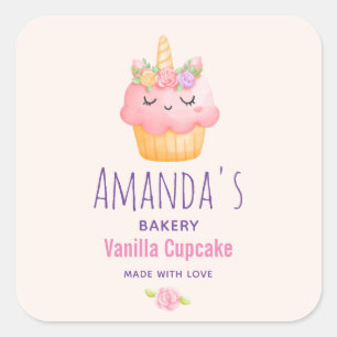 Pink Cupcake Einhorn mit Rose Bäckerei Business Quadratischer Aufkleber