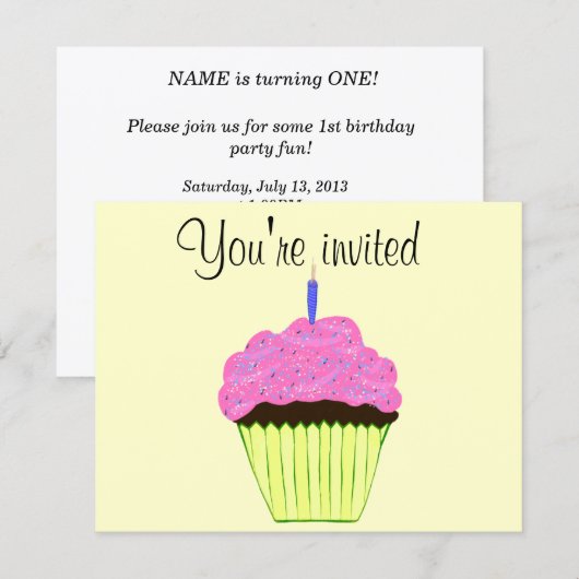 Pink Cupcake Einladung zum ersten Geburtstag indiv (Vorne/Hinten)
