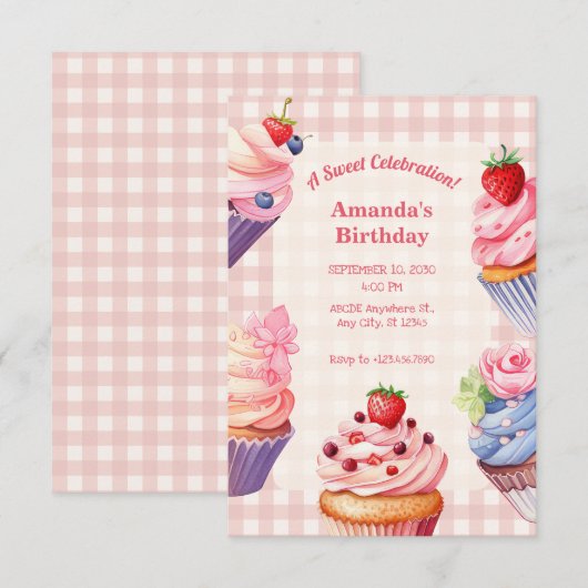 Pink Cupcake Geburtstag Einladung (Vorne/Hinten)