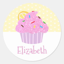 Pink cupcake gelbe Herzen Name niedlich moderne Sc Runder Aufkleber