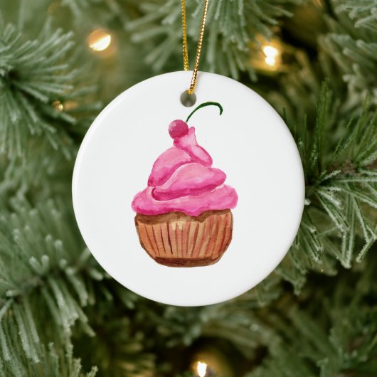 Pink Cupcake mit Cherry Keramik Ornament (Baum)