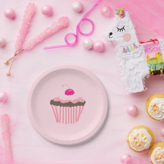 Pink Cupcake mit einer Kirsche oben Pappteller (Party)