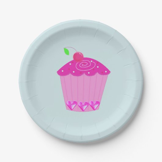 Pink Cupcake mit einer Kirsche oben Pappteller (Vorderseite)
