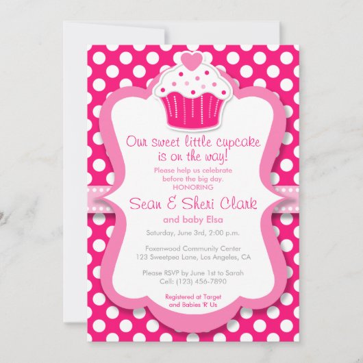 Pink Cupcake Polka Dot Girl Babydusche Einladung (Vorderseite)