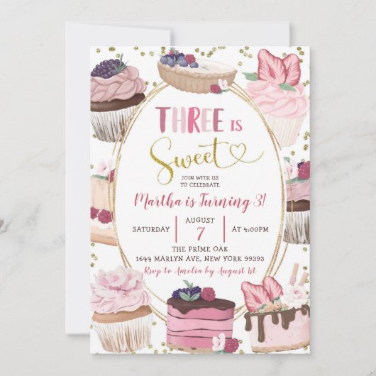 Pink Cupcake Sweet 3. Geburtstag Einladung (Vorderseite)