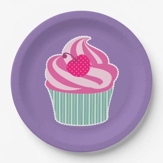 Pink Cupcake WIth Polka Dot Cherry Pappteller (Vorderseite)