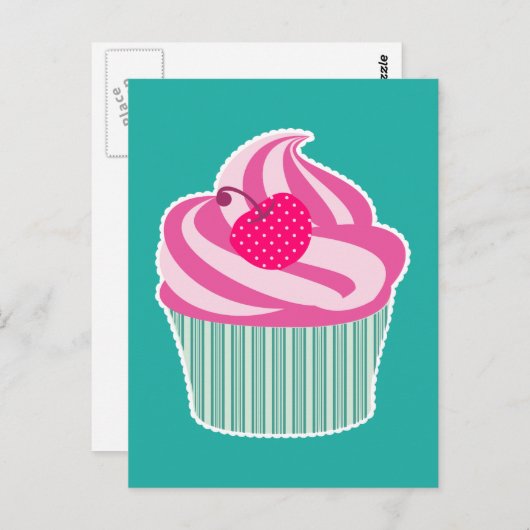 Pink Cupcake WIth Polka Dot Cherry Postkarte (Vorne/Hinten)
