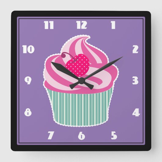 Pink Cupcake WIth Polka Dot Cherry Quadratische Wanduhr (Vorderseite)