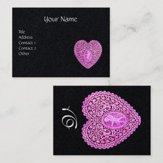 PINK CUPID LACE HERZ MONOGRAMM Schwarzes Papier Visitenkarte (Vorne/Hinten)