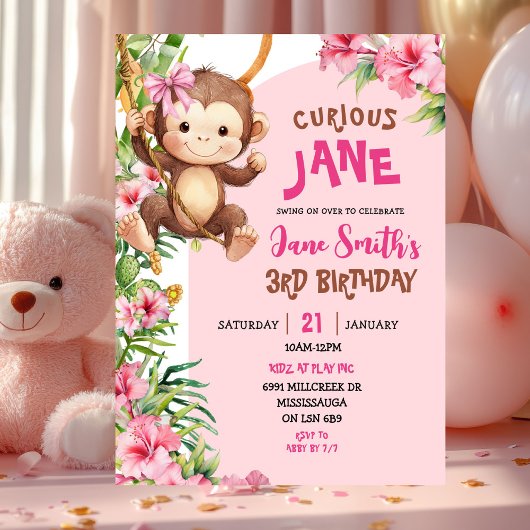 Pink Curious Monkey Safari Theme Birthday Einladung