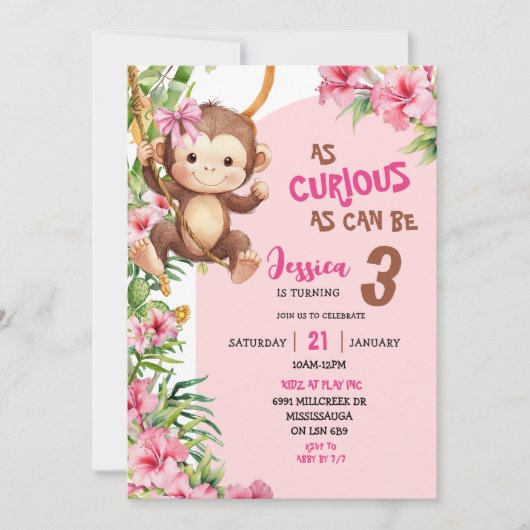 Pink Curious Monkey Savannah Theme Birthday Einladung (Vorderseite)
