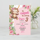 Pink Curious Monkey Savannah Theme Birthday Einladung (Stehend Vorderseite)