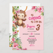 Pink Curious Monkey Savannah Theme Birthday Einladung (Vorne/Hinten)
