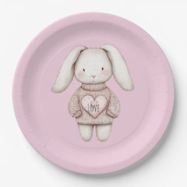 Pink Cute Bunny Pink Sweater Heart Baby Shower Pappteller